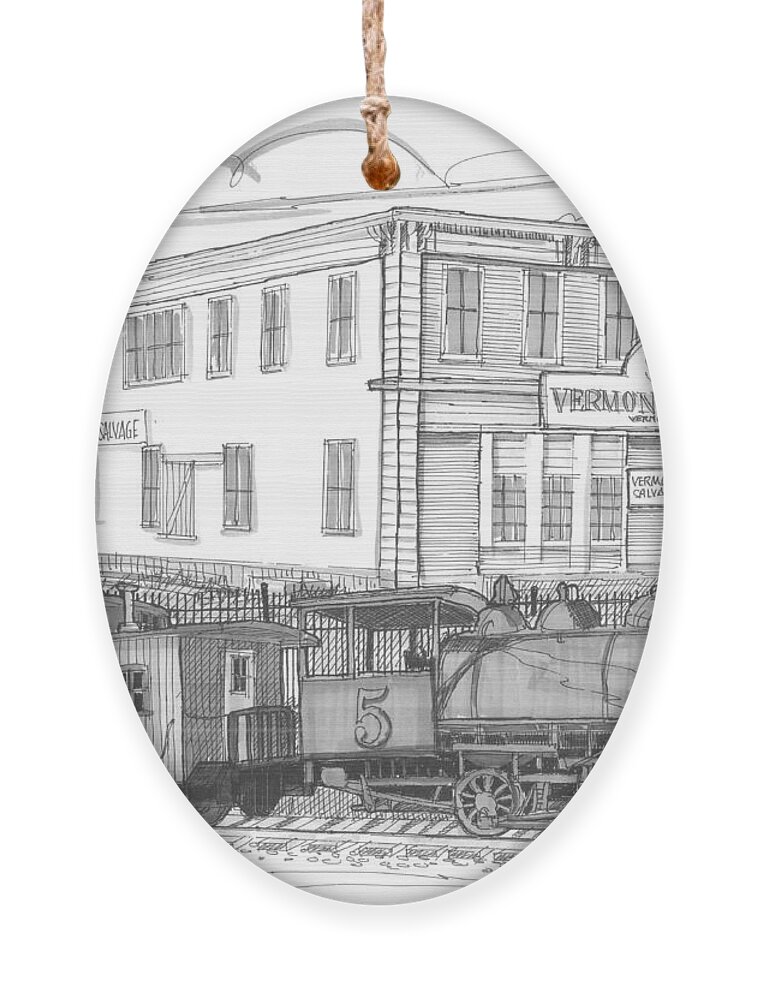 Vermont Salvage Company Ornament featuring the drawing Vermont Salvage and Train by Richard Wambach