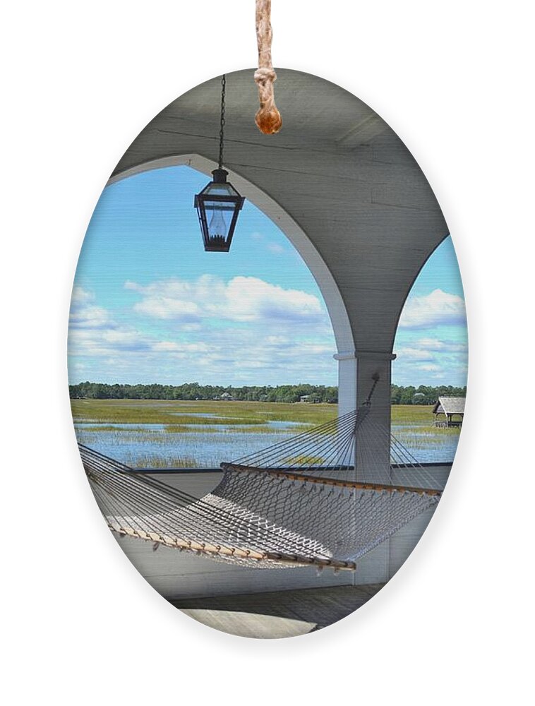 Scenic Ornament featuring the photograph View Of The Marsh From The Pelican Inn by Kathy Baccari