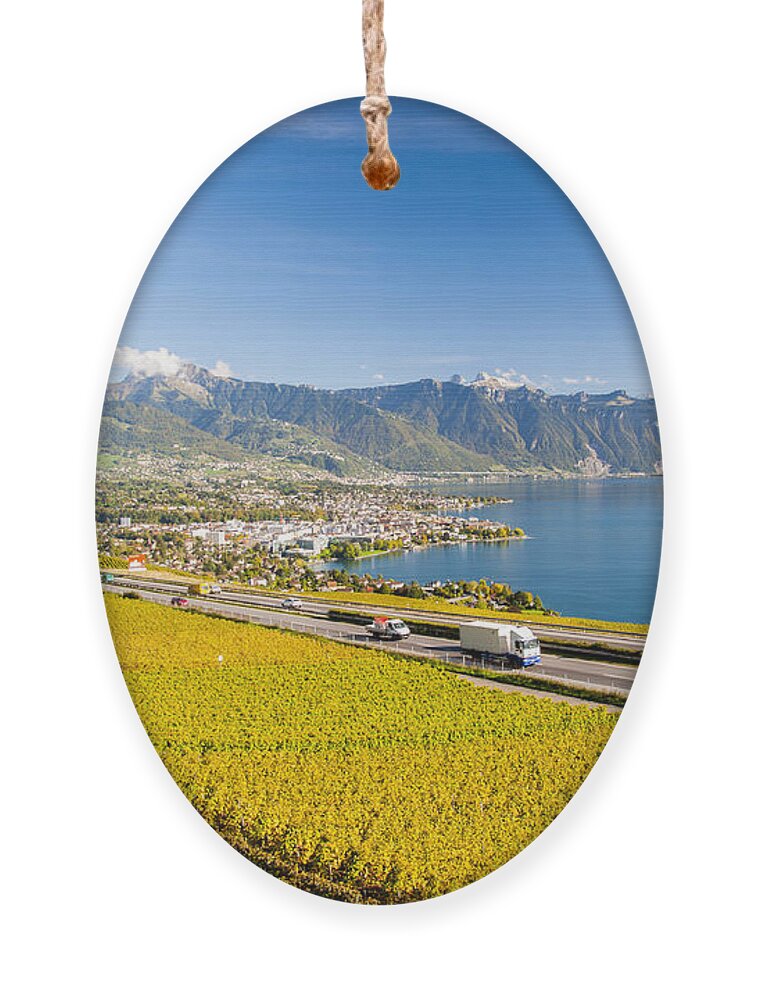 Montreux Switzerland Tourism Ornament featuring the photograph Vineyards near Montreux by Rob Hemphill