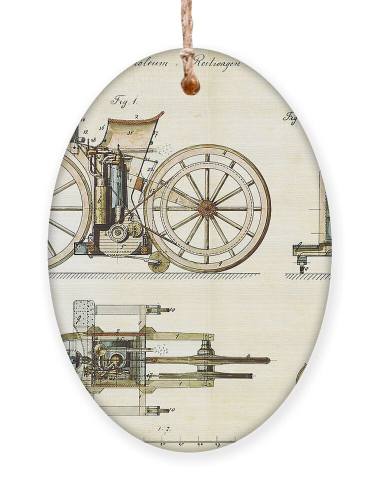 Motorcycle Ornament featuring the drawing Vintage 1885 Daimler Reitwagen First Motorcycle by Nikki Marie Smith