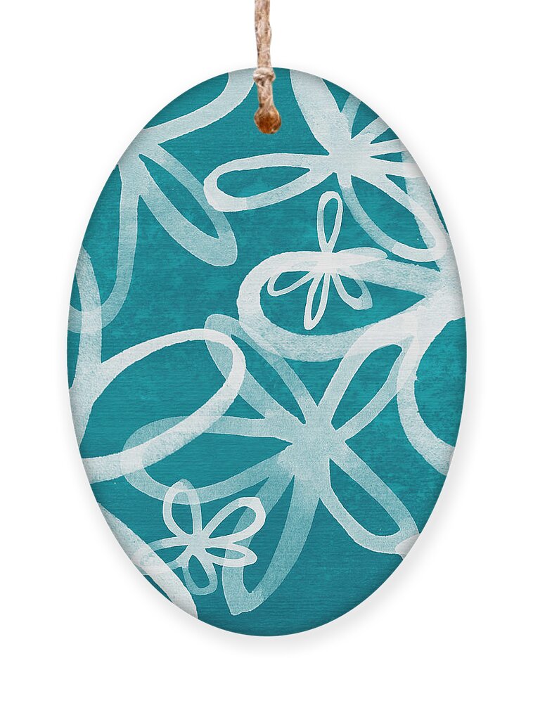 Large Abstract Floral Painting Ornament featuring the painting Waterflowers- teal and white by Linda Woods