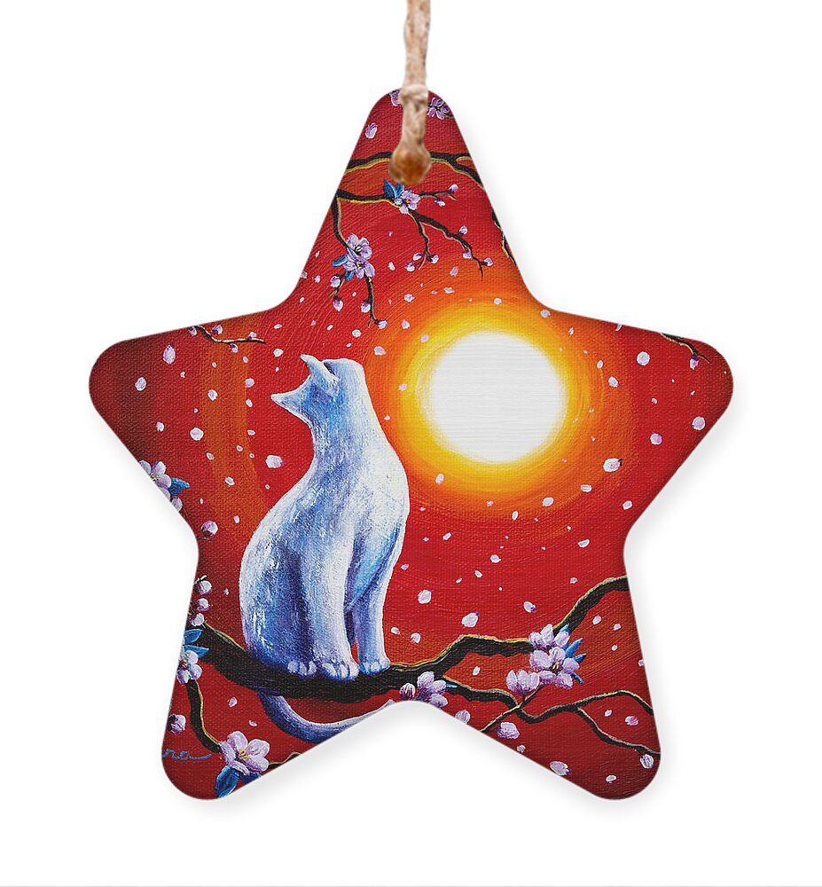 Zen Ornament featuring the painting White Cat in Bright Sunset by Laura Iverson