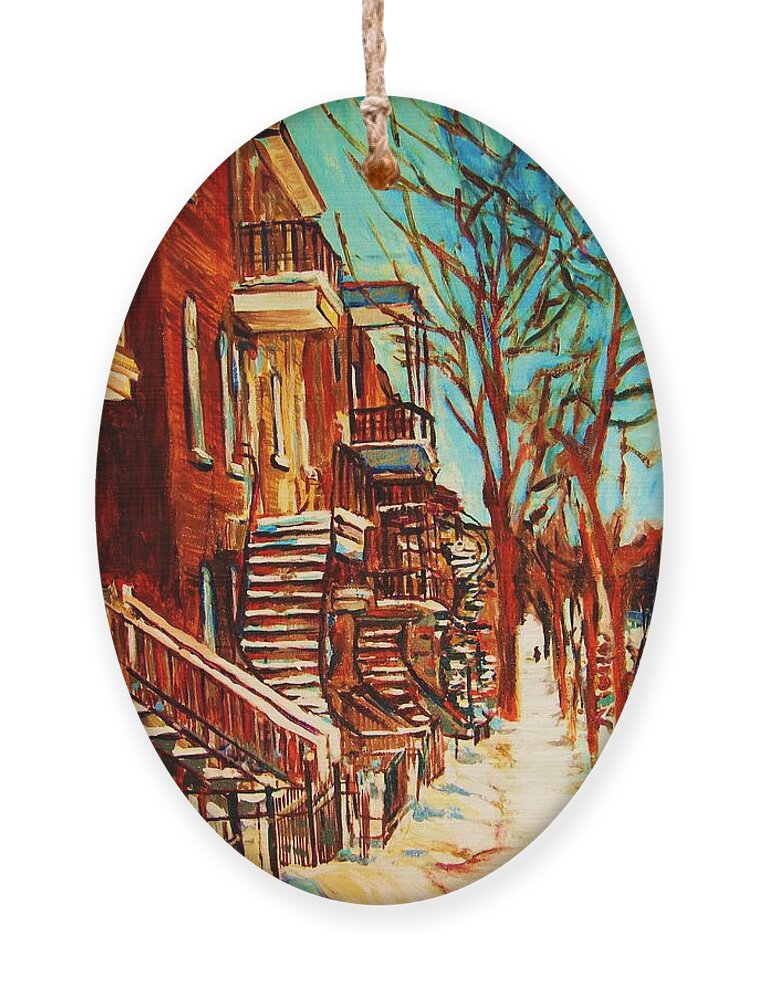 Verdun Paintings By Montreal Street Scene Artist Carole Spandau Ornament featuring the painting Winter Staircase by Carole Spandau