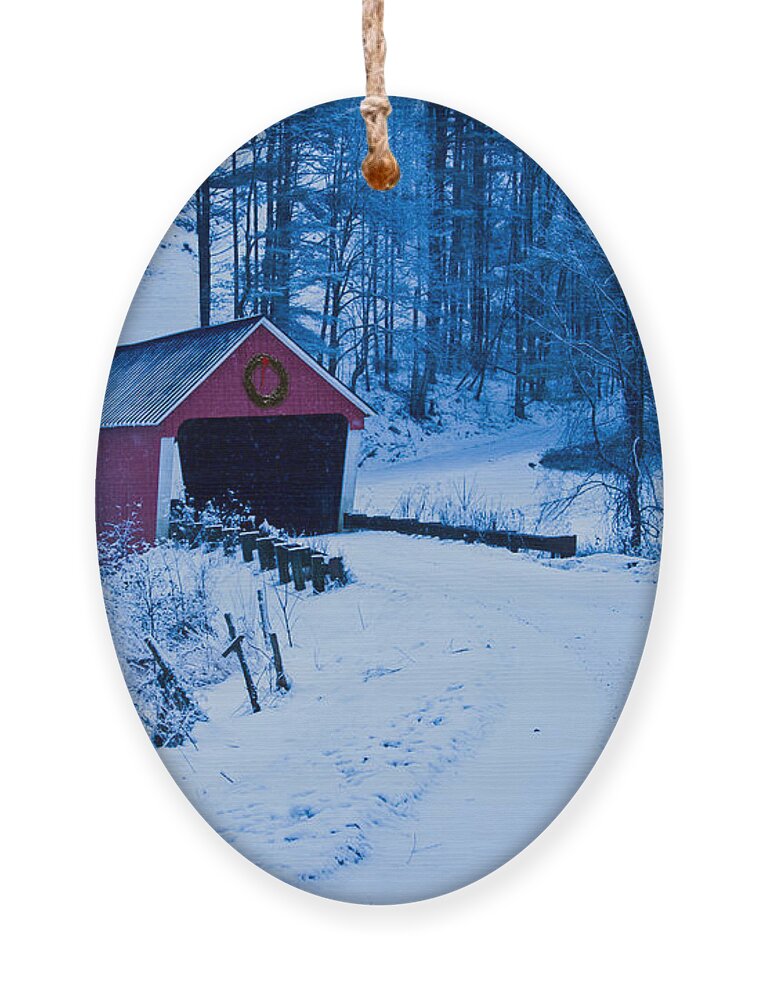 Vermont Covered Bridge Ornament featuring the photograph winter Vermont covered bridge by Jeff Folger
