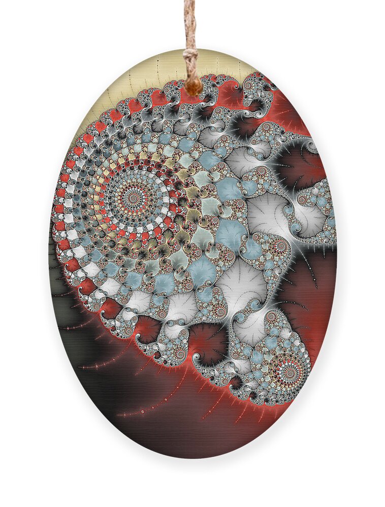 Spiral Ornament featuring the digital art Wonderful abstract fractal spirals red grey yellow and light blue by Matthias Hauser