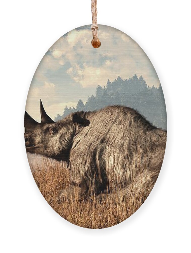 Rhino Ornament featuring the digital art Woolly Rhino and a Marmot by Daniel Eskridge