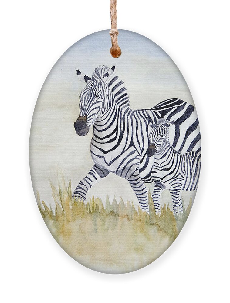 Zebra Ornament featuring the painting Zebra Family by Laurel Best