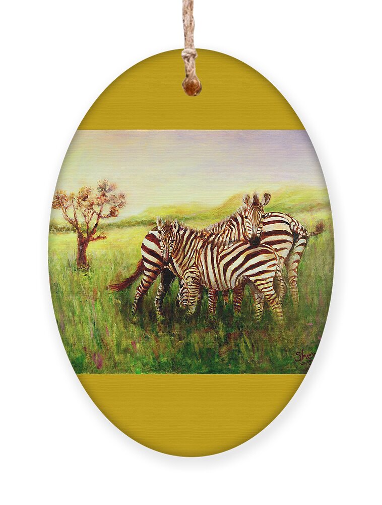 Zebra Ornament featuring the painting Zebras at Ngorongoro Crater by Sher Nasser