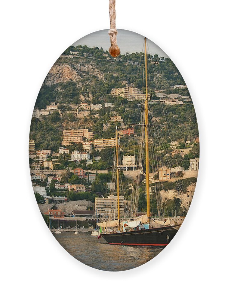 French Riviera. Villafranche Ornament featuring the photograph Black Sailboat by Steven Sparks