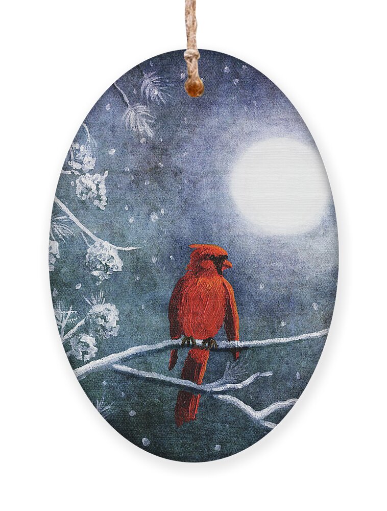 Christmas Ornament featuring the digital art Cardinal on a Wintry Night by Laura Iverson
