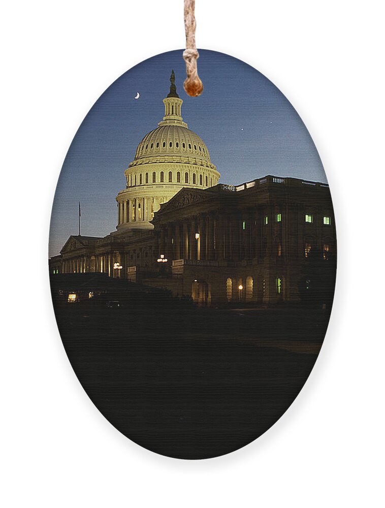 Scenic Ornament featuring the photograph Conjunction of Moon Venus and Jupiter over the U S Capitol 15Q by Gerry Gantt