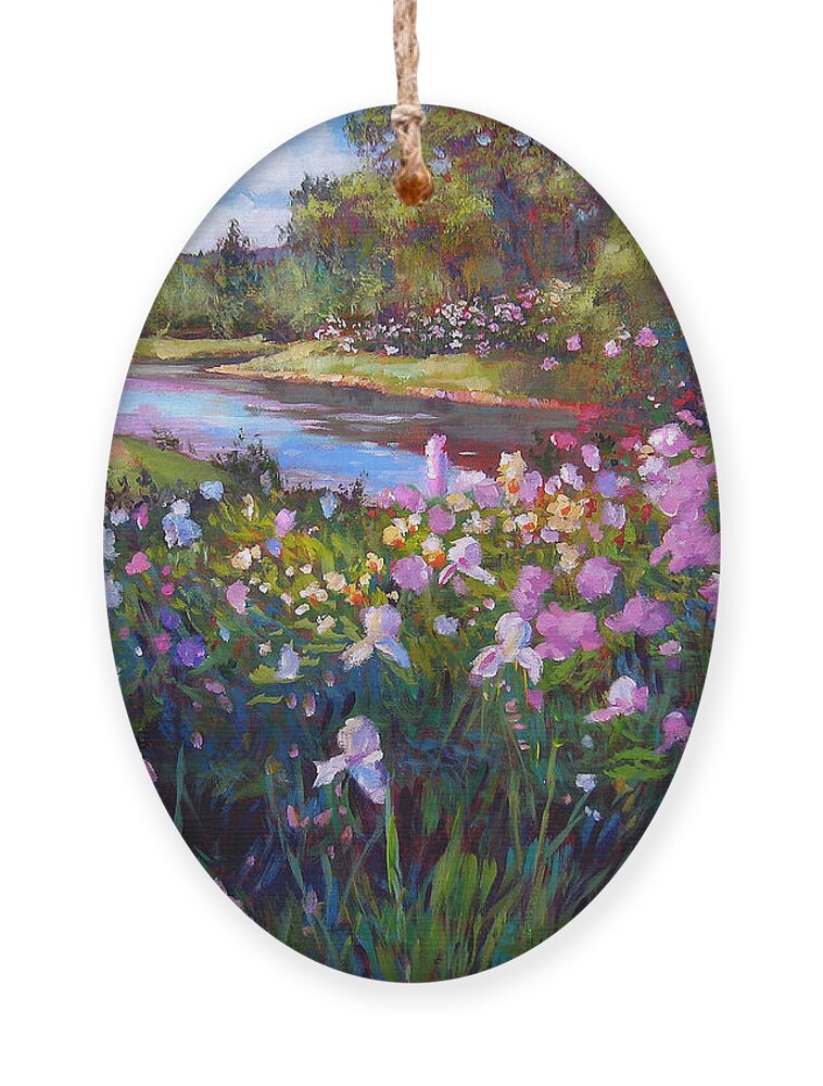 Gardens Ornament featuring the painting Garden Along the River by David Lloyd Glover