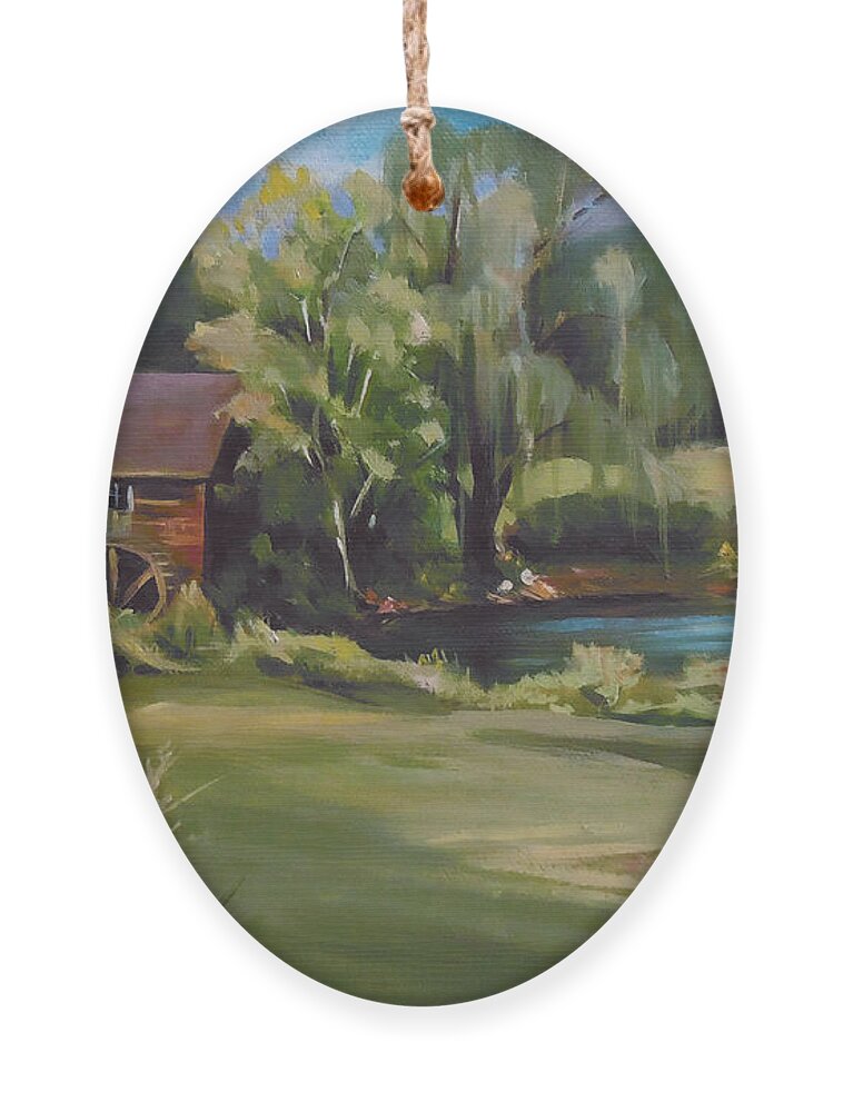 Mill Ornament featuring the painting Mill by the Stream by Nancy Griswold