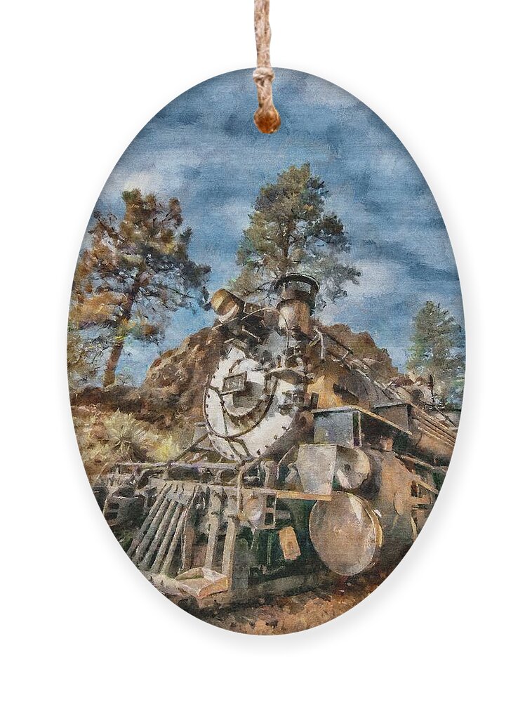 Durango Ornament featuring the painting Of Mountain and Machine by Jeffrey Kolker