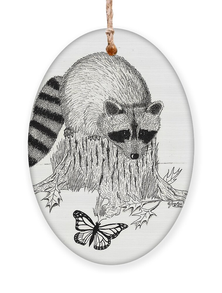 Raccoon Ornament featuring the drawing Raccoon and Monarch by Jackie Irwin