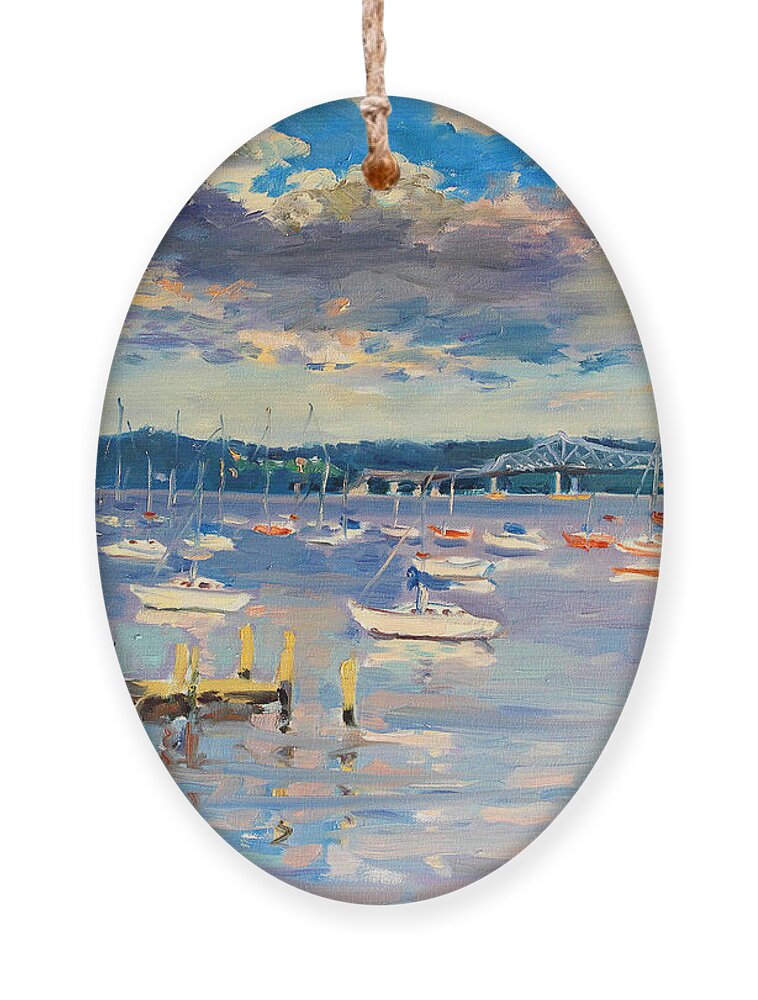 Hudson River Ornament featuring the painting Sun and Clouds in Hudson by Ylli Haruni