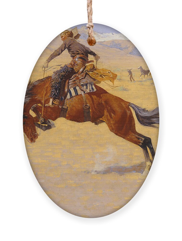 Cowboy; Horse; Pony; Rearing; Bronco; Wild West; Old West; Plain; Plains; American; Landscape; Breaking; Horses; Snow-capped; Mountains; Mountainous Ornament featuring the painting A Cold Morning on the Range by Frederic Remington