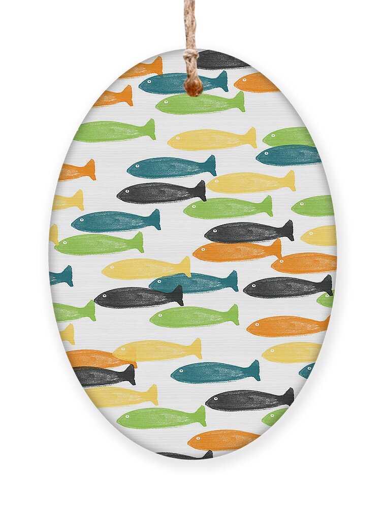 Fish Pond River Fishing Blue Green Orange Yellow Fish Pattern Art For Kids Room Dorm Room Art Cabin Art Hunting And Fishing Modern Fish Abstract Fish Art Outdoors Bedroom Art Kitchen Art Living Room Art Gallery Wall Art Art For Interior Designers Hospitality Art Set Design Wedding Gift Art By Linda Woods Ornament featuring the painting Colorful Fish by Linda Woods