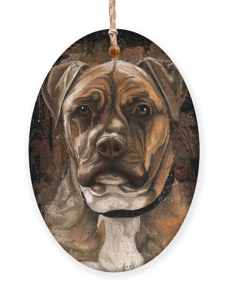Amstaff Terrier Ornament featuring the painting Dog portrait painting, American staffordshire terrier by Nadia CHEVREL