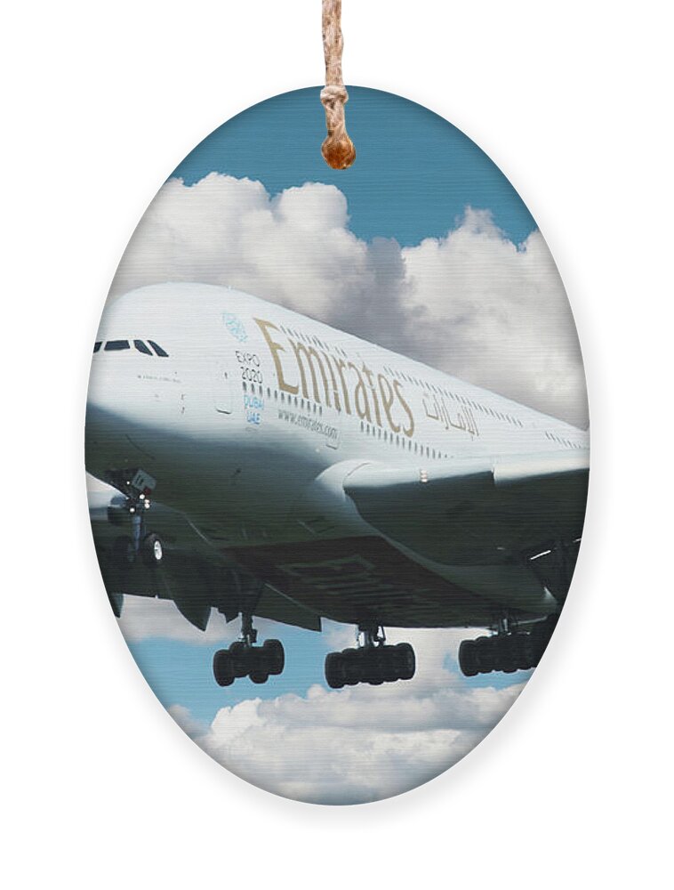 Airbus A380 Ornament featuring the digital art Emirates A380 by Airpower Art