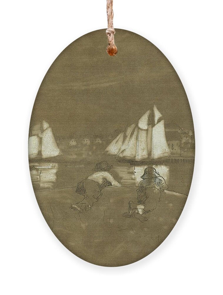 Winslow Homer Ornament featuring the drawing Gloucester Harbor #4 by Winslow Homer