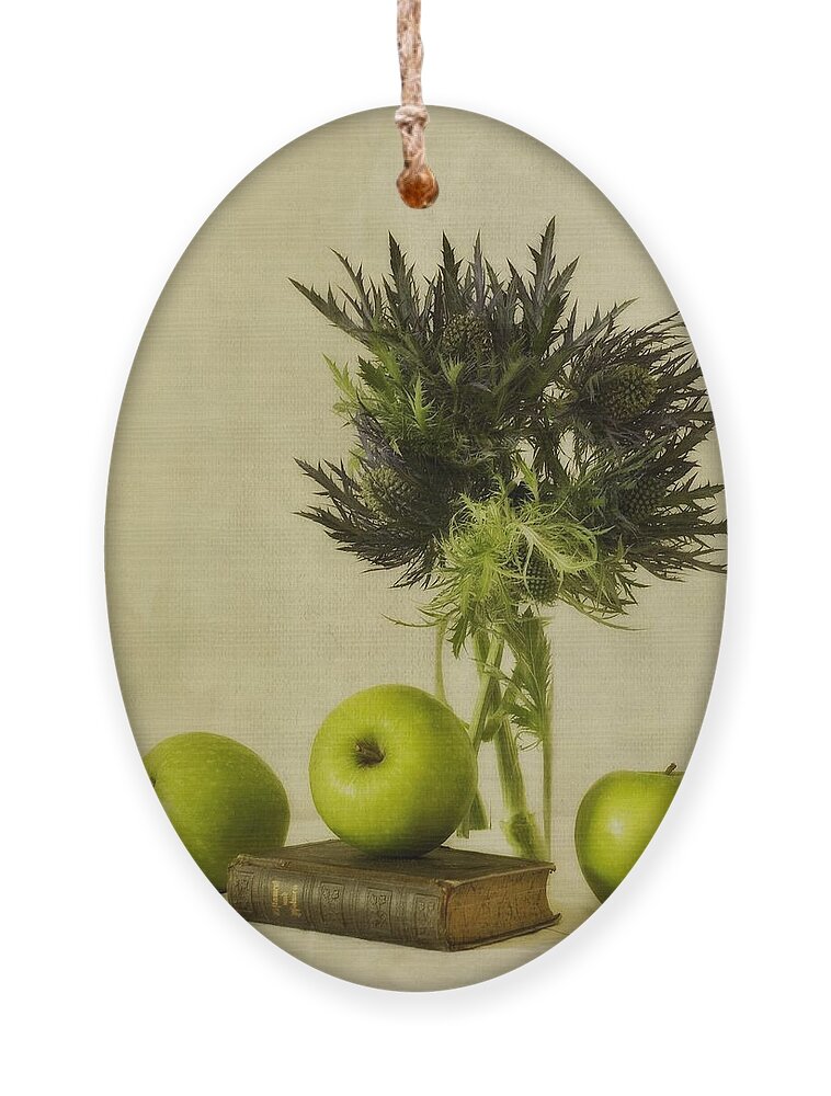 Apples Ornament featuring the photograph Green Apples And Blue Thistles by Priska Wettstein