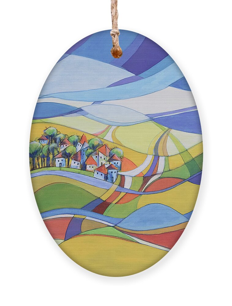 Landscape Ornament featuring the painting Houses along the river by Aniko Hencz