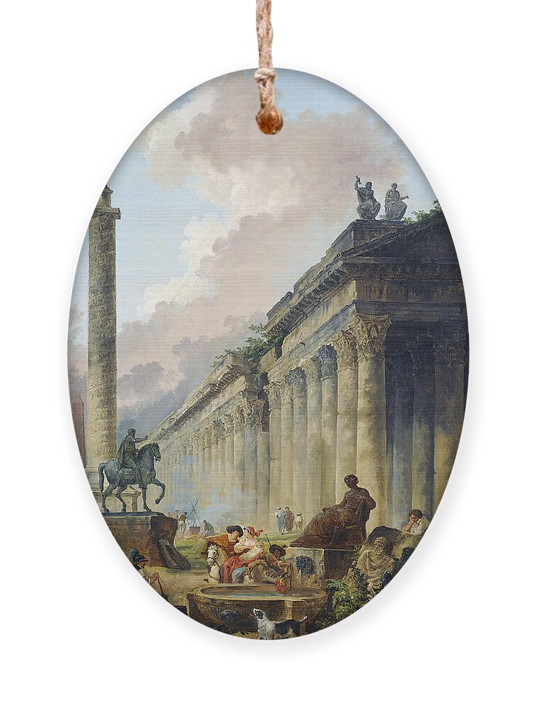 Hubert Robert Ornament featuring the painting Imaginary View of Rome with Equestrian Statue of Marcus Aurelius, the Column of Trajan and a Temple by Hubert Robert