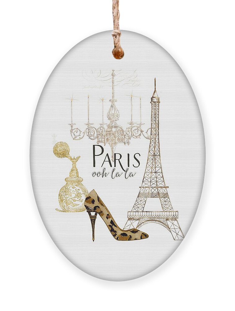 Fashion Ornament featuring the painting Paris - Ooh la la Fashion Eiffel Tower Chandelier Perfume Bottle by Audrey Jeanne Roberts