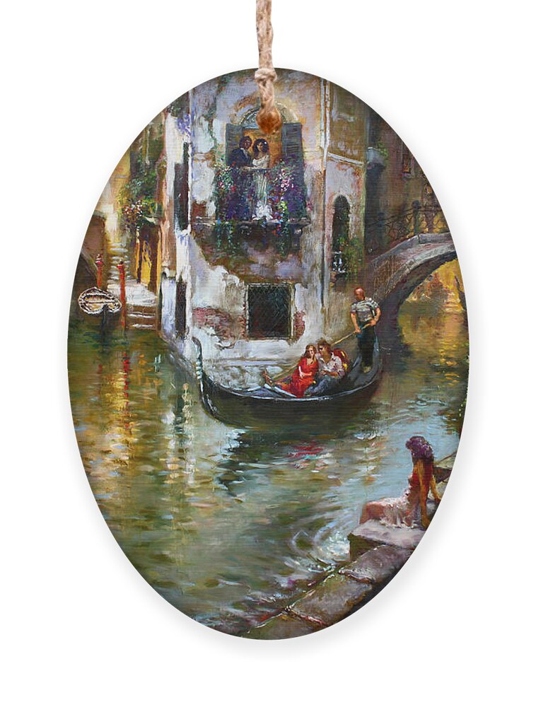 Romance In Venice Ornament featuring the painting Romance in Venice by Ylli Haruni