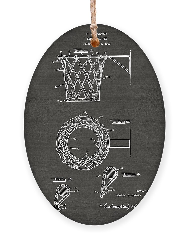 Basketball Ornament featuring the digital art 1951 Basketball Net Patent Artwork - Gray by Nikki Marie Smith