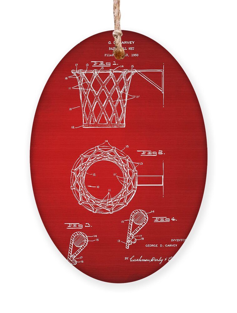 Basketball Ornament featuring the digital art 1951 Basketball Net Patent Artwork - Red by Nikki Marie Smith