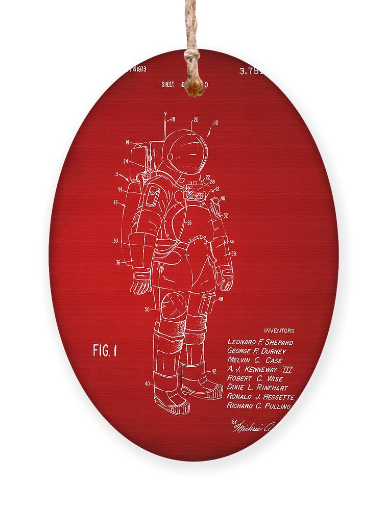 Space Suit Ornament featuring the digital art 1973 Space Suit Patent Inventors Artwork - Red by Nikki Marie Smith