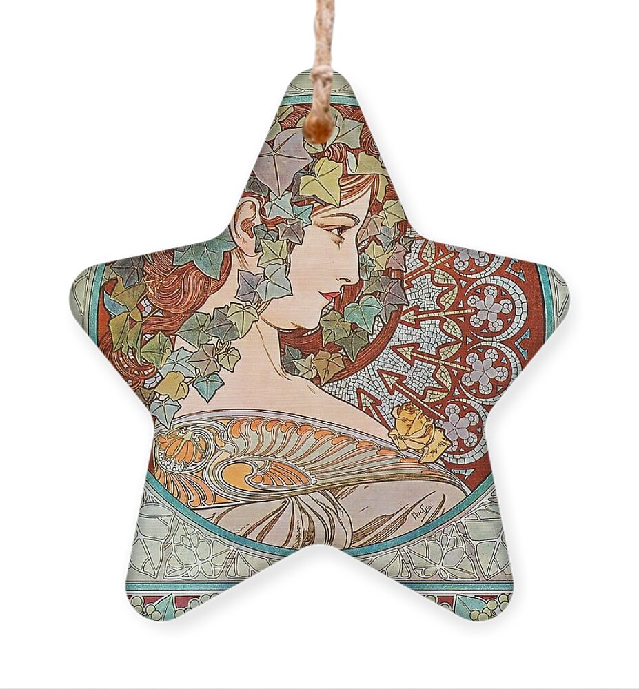 Alphonse Mucha Ornament featuring the painting Ivy #1 by Alphonse Mucha