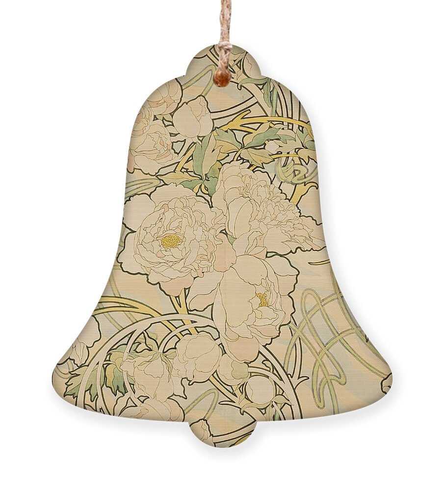 Alphonse Mucha Ornament featuring the painting Peonies by Alphonse Mucha