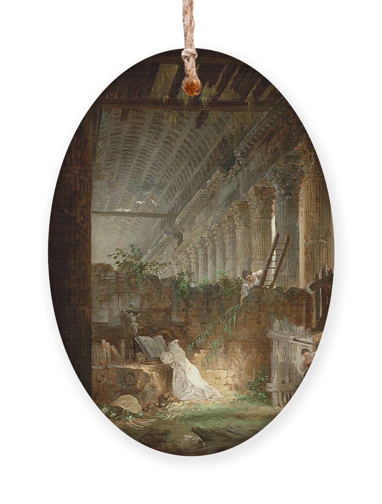 Hubert Robert Ornament featuring the painting A Hermit Praying in the Ruins of a Roman Temple #5 by Hubert Robert