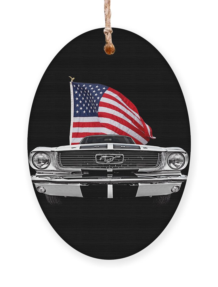 Ford Mustang Ornament featuring the photograph 66 Mustang With U.S. Flag On Black by Gill Billington