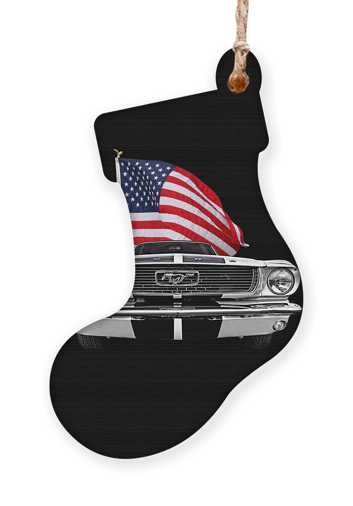 Mustang Ornament featuring the photograph 66 Mustang With U.S. Flag On Black by Gill Billington