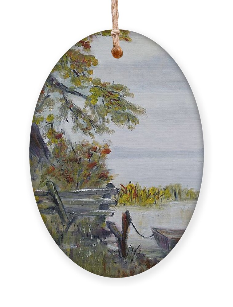 Boat Ornament featuring the painting A boat waiting by Marilyn McNish