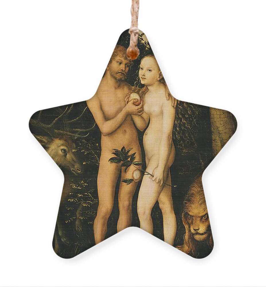 Lucas Cranach The Elder Ornament featuring the painting Adam And Eve In The Garden Of Eden by Lucas Cranach The Elder