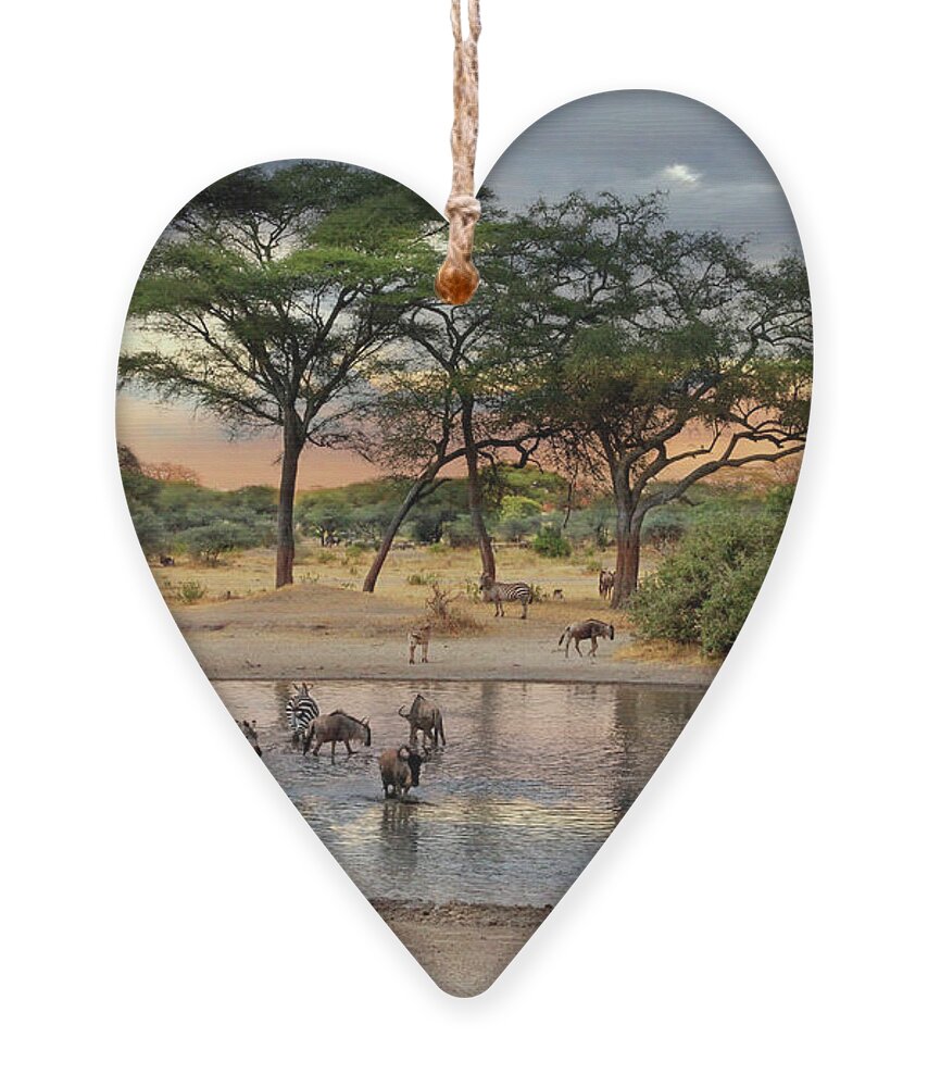 African Landscape Ornament featuring the photograph African Safari Wildlife At The Waterhole by Gill Billington
