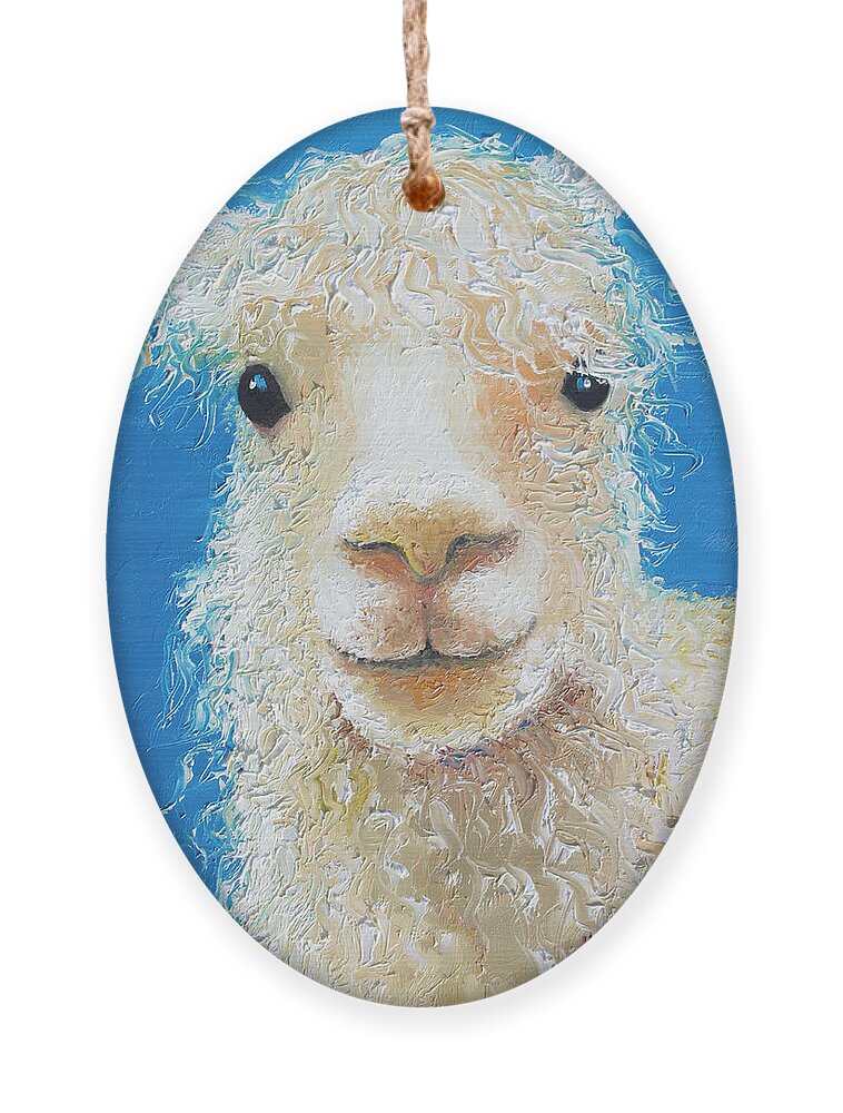 Alpaca Ornament featuring the painting Alpaca on blue background by Jan Matson