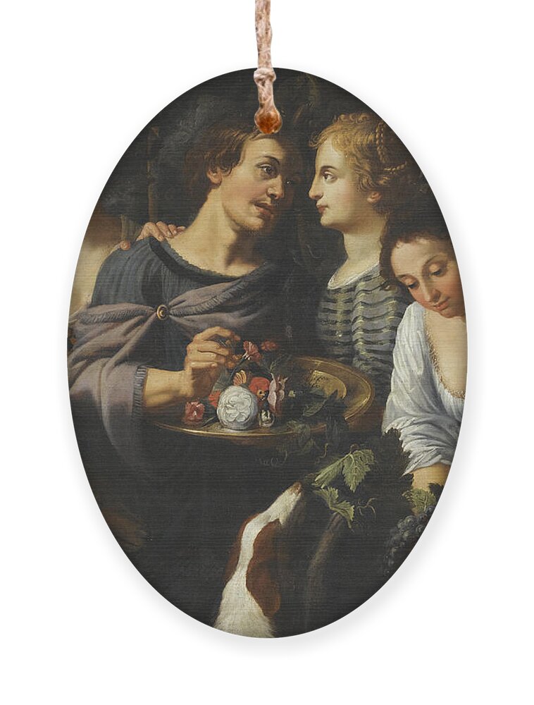 Follower Of Nicolas Regnier Ornament featuring the painting An Allegory of the Five Senses by Follower of Nicolas Regnier