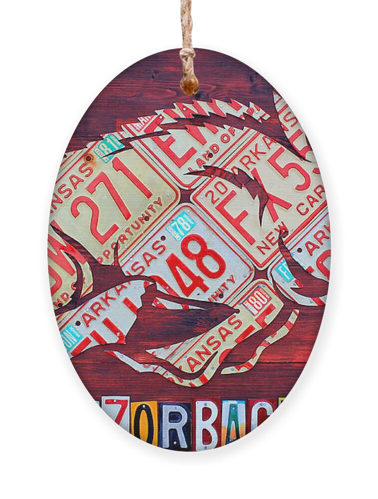 Arkansas Ornament featuring the mixed media Arkansas Razorbacks Recycled Vintage License Plate Art Sports Team Logo by Design Turnpike