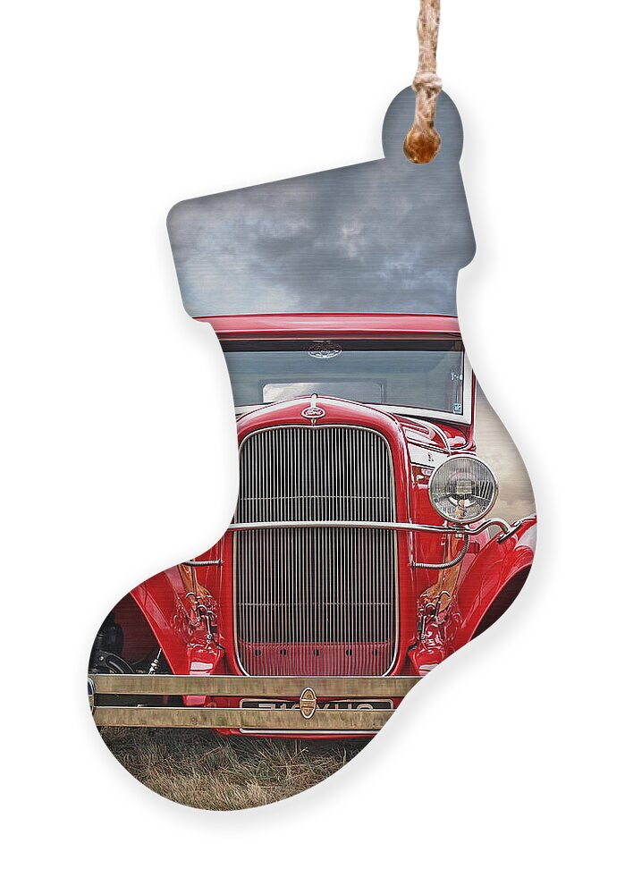 Hotrod Ornament featuring the photograph Red Ford Coupe Head ON by Gill Billington