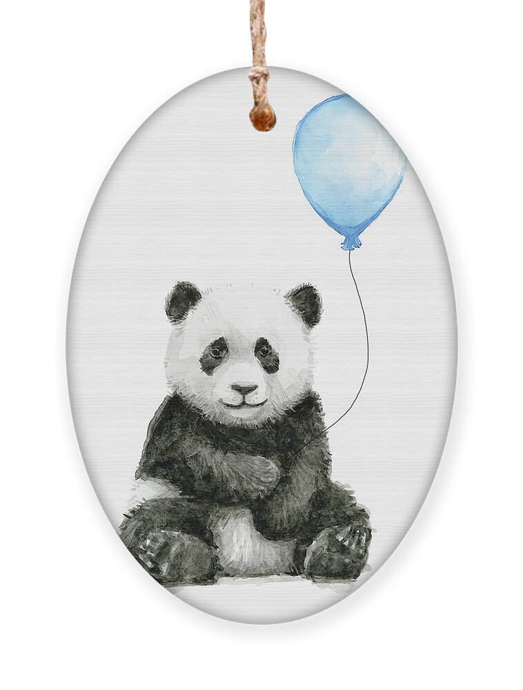 Baby Panda Ornament featuring the painting Baby Panda with Blue Balloon Watercolor by Olga Shvartsur