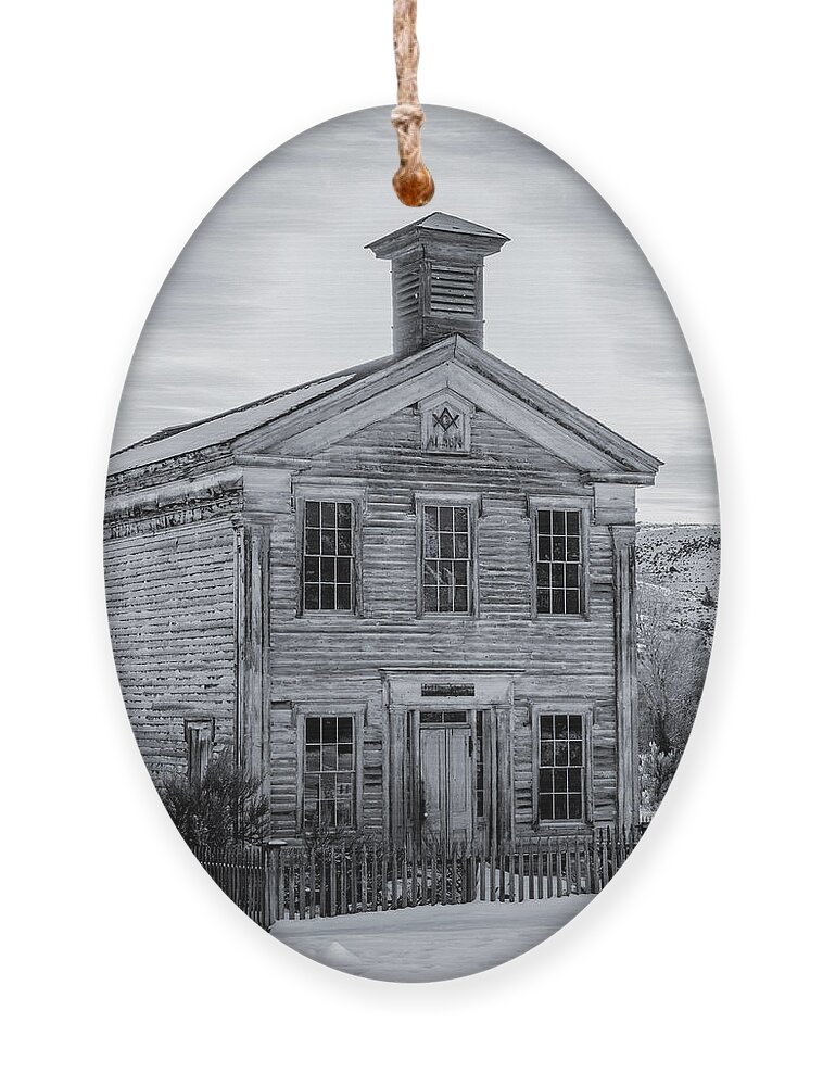Bannack State Park Ornament featuring the photograph Bannack Schoolhouse and Masonic Temple Monochrome by Teresa Wilson