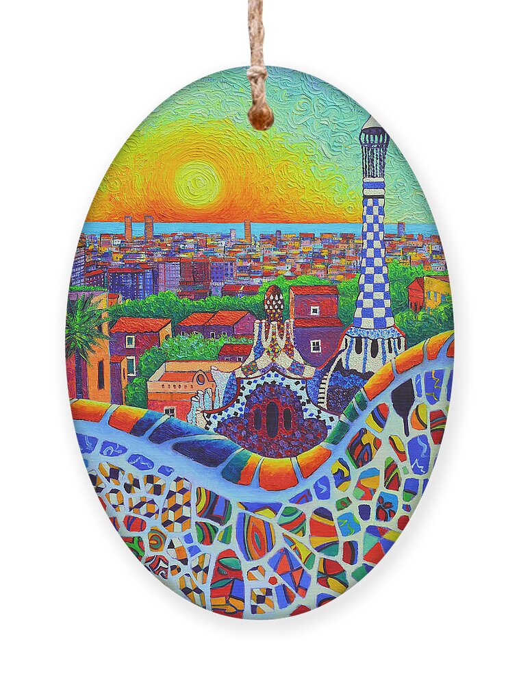 Barcelona Ornament featuring the painting Barcelona Park Guell Sunrise Gaudi Tower Textural Impasto Knife Oil Painting By Ana Maria Edulescu by Ana Maria Edulescu