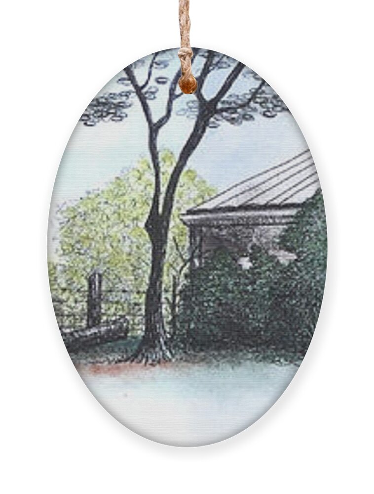 Rooster Ornament featuring the pastel Barn with Trees and the Rooster by Michele Fritz