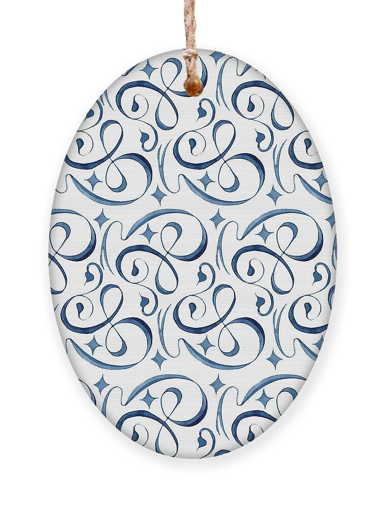 Indigo Blue Ornament featuring the painting Beach House Indigo Star Swirl Scroll Pattern by Audrey Jeanne Roberts